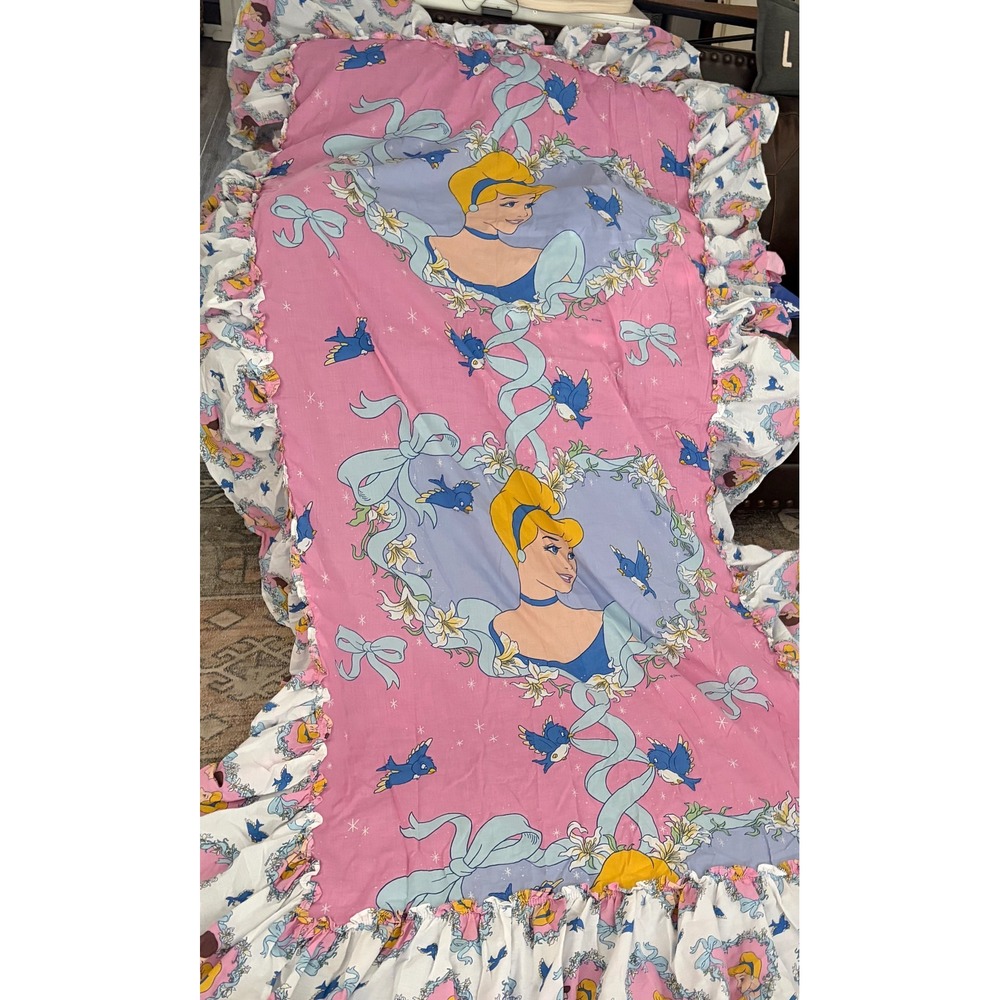 Vintage Disney Cinderella Ruffled Bedspread Twin Pink Blue Birds Made in USA